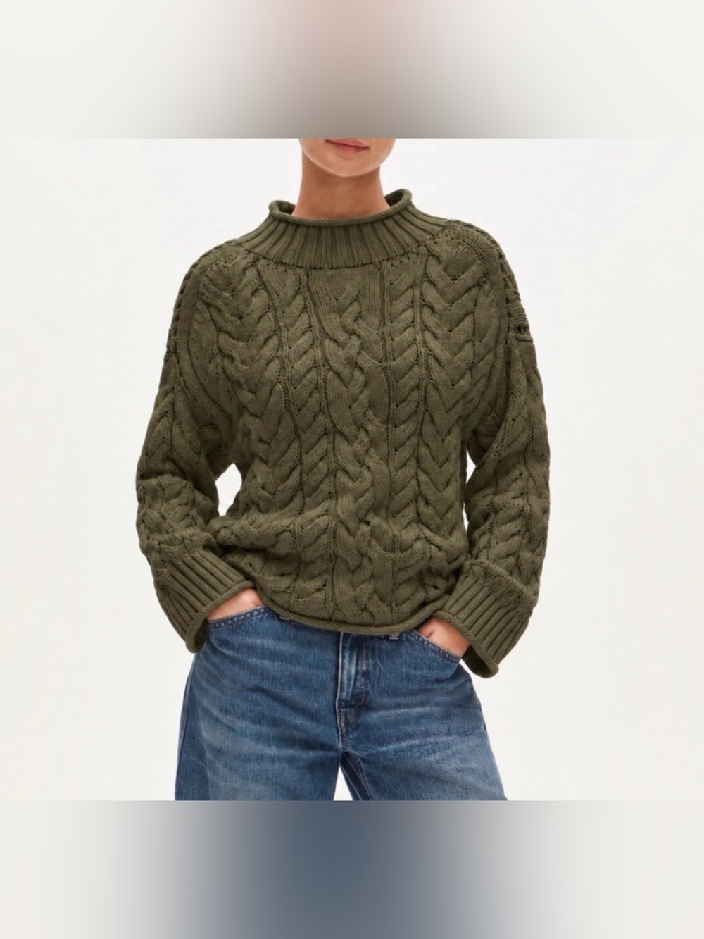 J.Crew. women’s Olive Cable Knit Crewneck Sweater.Chunky Cropped. XL.NWT.